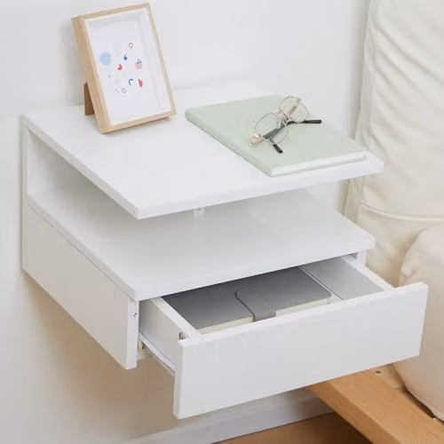 HOMCOM Set of 2 Wall Mounted Floating Bedside Tables in Glossy White – 4