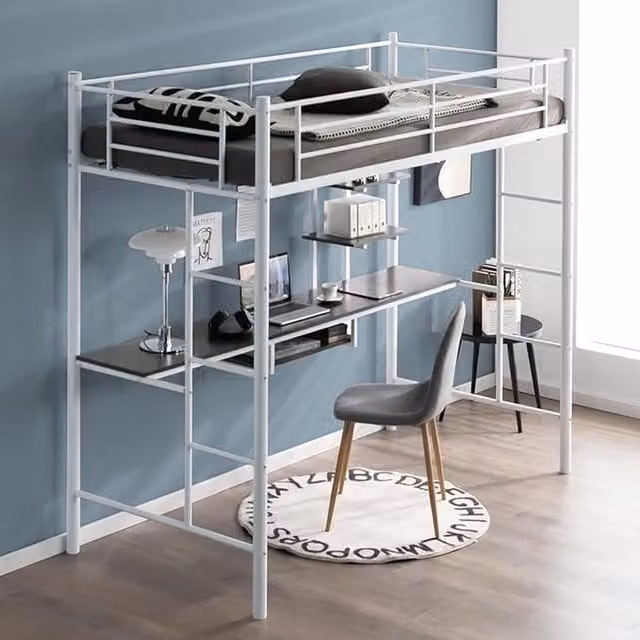 COSTWAY Modern Metal Single Loft Bed Frame in White