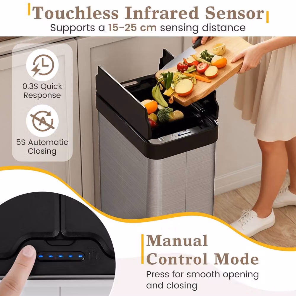 Costway 60L Infrared Motion Sensor Trash Can with Wing Lids in Silver – 5