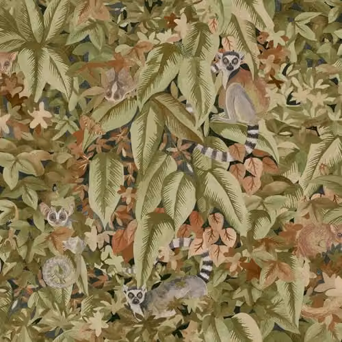 Holden Decor Odyssey Lemur Tropical Monkey Themed Foliage Wallpaper in Rust and Green