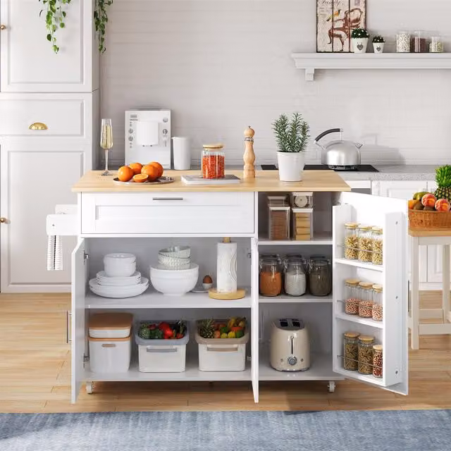 Aosom UK Mobile Kitchen Island with Foldable Oak-Look Worktop and Sliding Drawer, White and Natural, W: 132.5 cm, D: 44 cm, H: 90 cm – 1