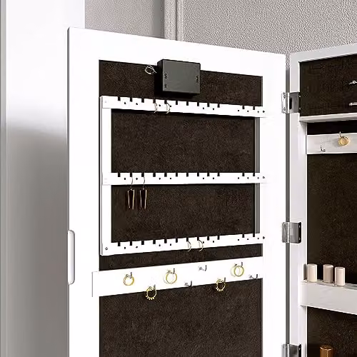 CARME Katie White Jewellery Storage Cabinet with Mirror and LED Lights, Wall Mounted or Tabletop Organiser for Bedroom and Bathroom – 4