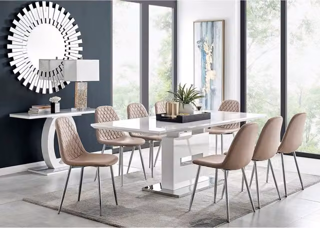 FurnitureboxUK Arezzo Large Extending Rectangular Dining Table and 8 Corona Silver Leg Chairs in Yellow and White