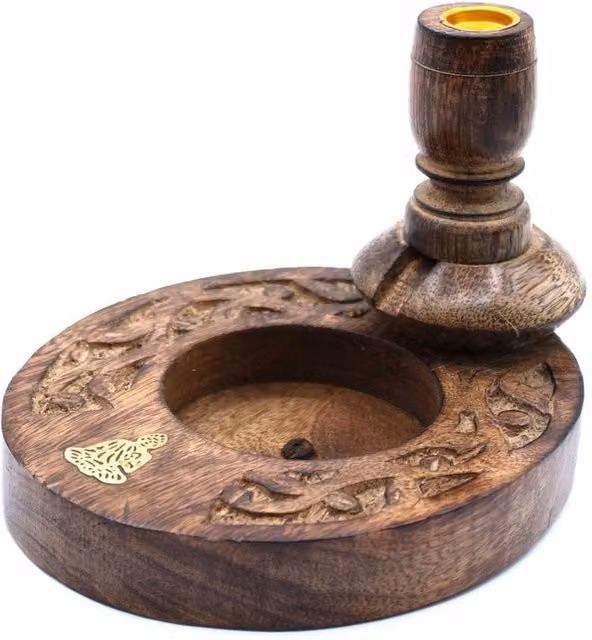 KDMD Mango Wood Backflow Incense Burner with Brass Buddha Decor in Brown