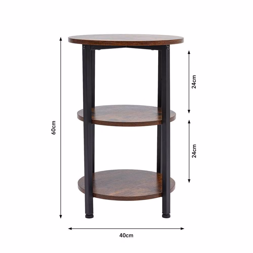 KORVIXA 3 Tier Round Industrial Wood and Metal Side Table in Brown – 2