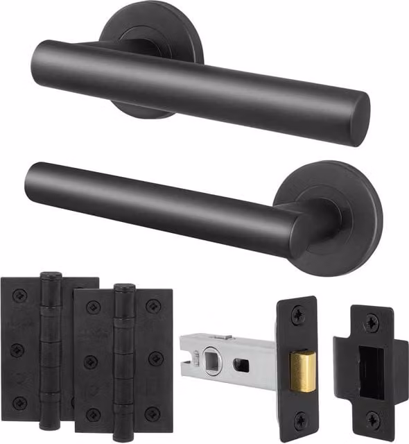 AFIT Matt Black T-Bar Lever Rose Door Handle Latch and Hinge Kit in Stainless Steel, W/D/H: 15 x 15 x 7 cm – 1