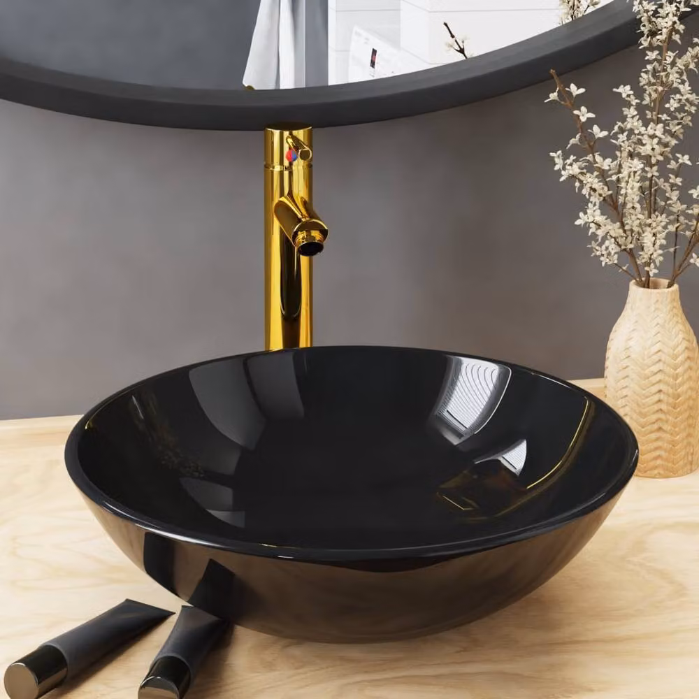 Berkfield Home Round Black Tempered Glass Countertop Bathroom Sink with Tap and Push Drain – 2