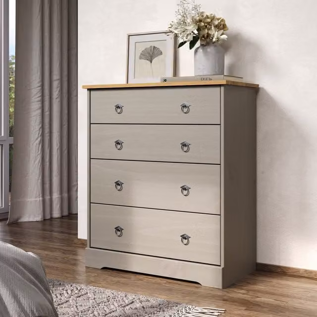 Corona Classic Grey Pine 4 Drawer Chest of Drawers in Grey Washed Wax