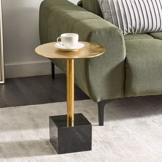Wyld and Coco Gold Round Aluminium Side Table with Black Marble Base, W/D/H: 30 x 30 x 54 cm – 1