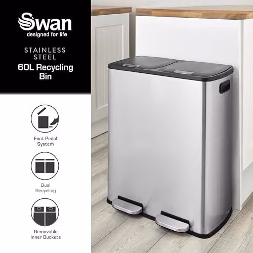 Swan 60L Stainless Steel Recycling Pedal Bin in Silver with Soft Close and Fingerprint Proof Finish, H: 66.0 cm, W: 36.2 cm, D: 55.0 cm – 2