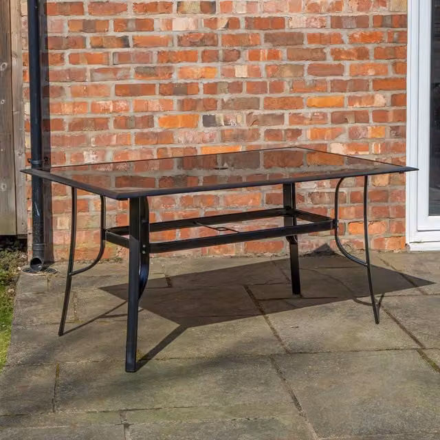 Samuel Alexander 6 Person Rectangular Black Garden Patio Table with Glass Top and Parasol Hole