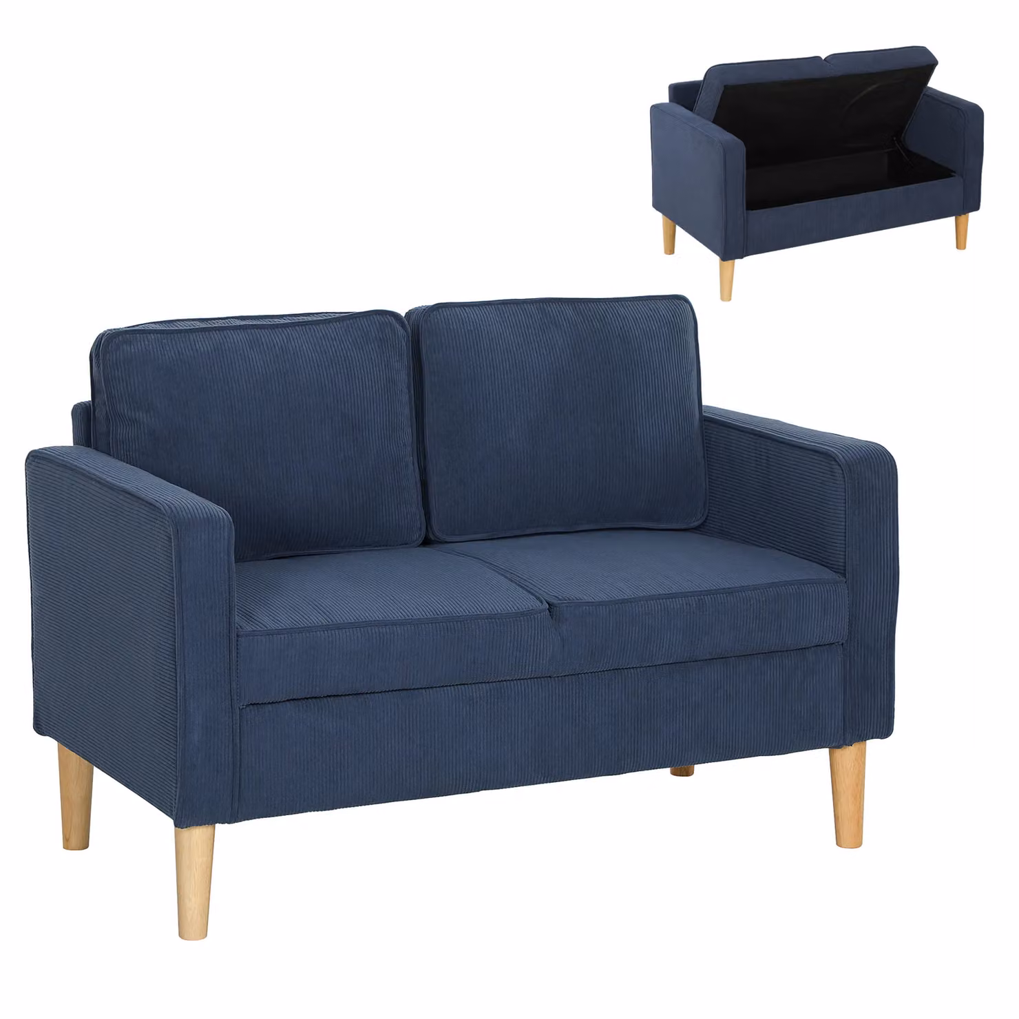 HOMCOM Compact 2 Seater Upholstered Sofa with Under Seat Storage in Blue – 2