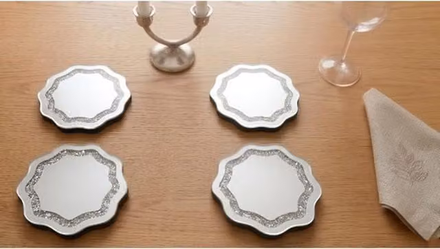 DEENZ Silver Wavy Shape Glass Coaster and Placemat Set, 6 Piece