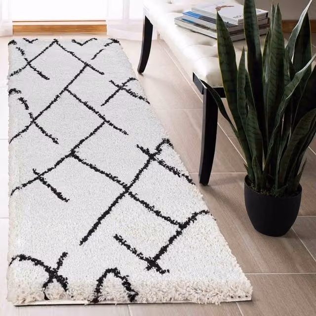 Desire Rugs Moroccan Berber Shaggy Runner, Boho Scandi Design, W/D/H: 60 x 220 cm, Beige, Yellow and White