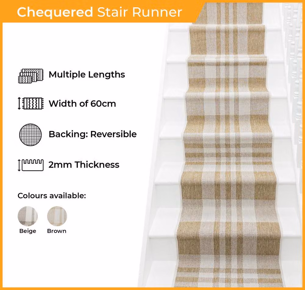runrug Chequered Stair Runner Carpet in Beige, W: 60 cm, L: 690 cm – 2