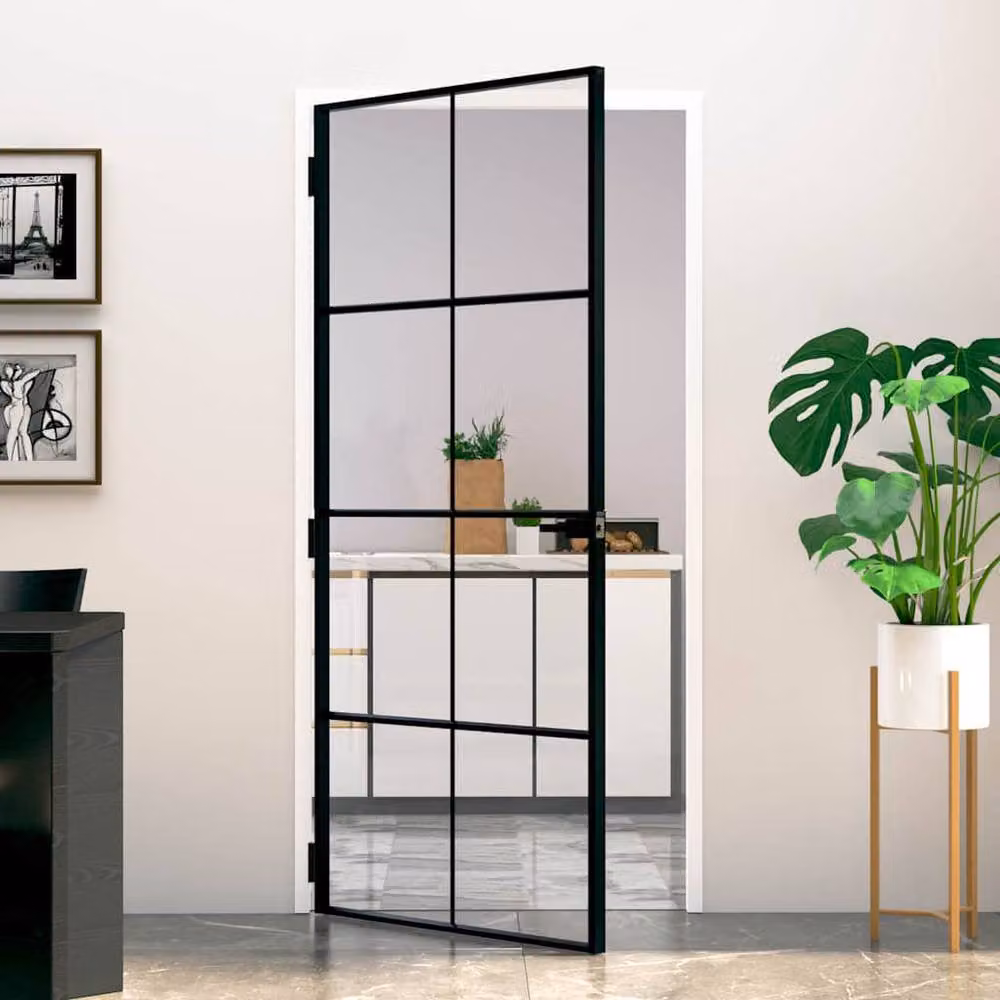 Berkfield Modern Interior Door in Black with Tempered Glass and Aluminium, W: 93 cm, H: 201.5 cm – 2