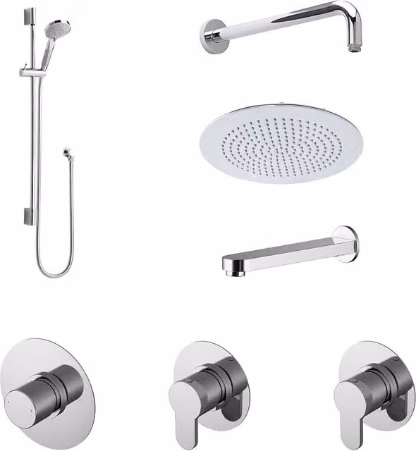 Balterley 3 Outlet Concealed Shower Valve Kit with Slide Rail, Arm, Head and Bath Spout in Silver