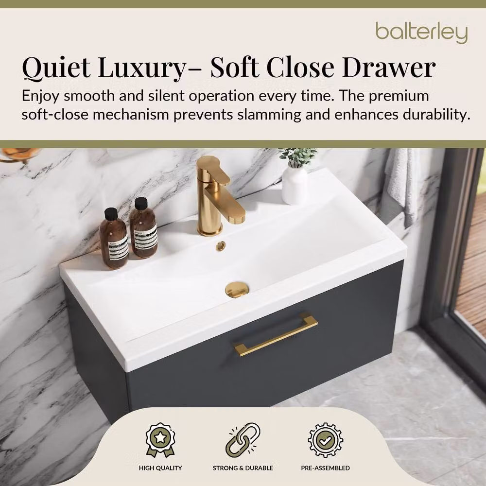 Balterley 800mm Wall Hung 1 Drawer Vanity Basin Unit in Dark Grey with Brass Handle – 3