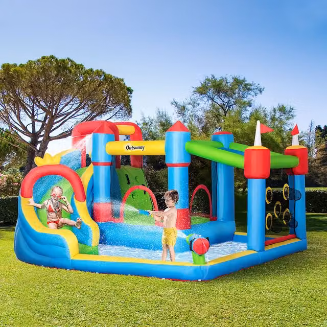 Outsunny 6-in-1 Castle Slide and Water Park with Wall Blower, Multicoloured and Blue