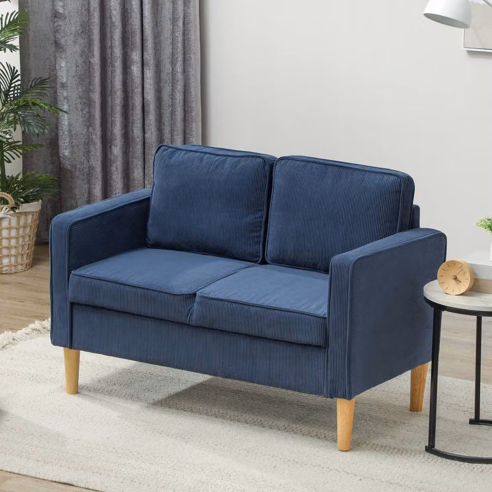 ERGOVEXA Small Two-Seater Corduroy Sofa in Blue with Solid Wood Frame and Lift-Up Seat, W/D/H: 117 x 79 x 63 cm – 4