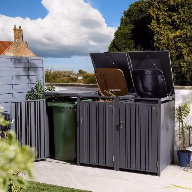Rowlinson Wimbledon Triple Bin Store in Dark Grey, W: 200.5 cm, D: 81 cm, H: 116.5 cm