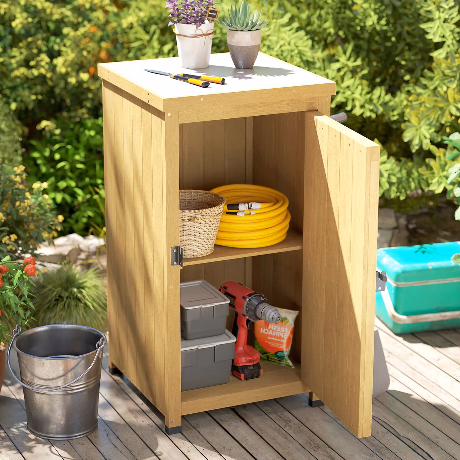 Outsunny Wooden Garden Tool Storage Shed with Internal Shelving and Metal Top, Brown – 5