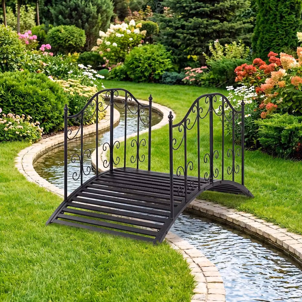Gymax Arched Garden Bridge with Dual Patterned Metal Side Rails in Black, 118 cm – 8