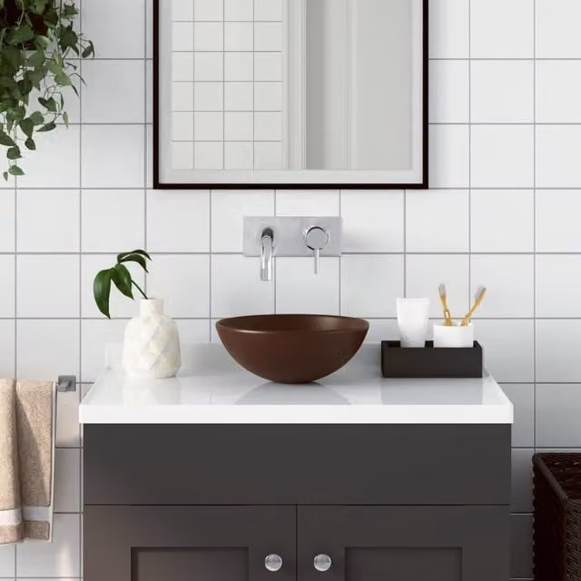 Berkfield Home Round Ceramic Countertop Bathroom Sink in Dark Brown – 1