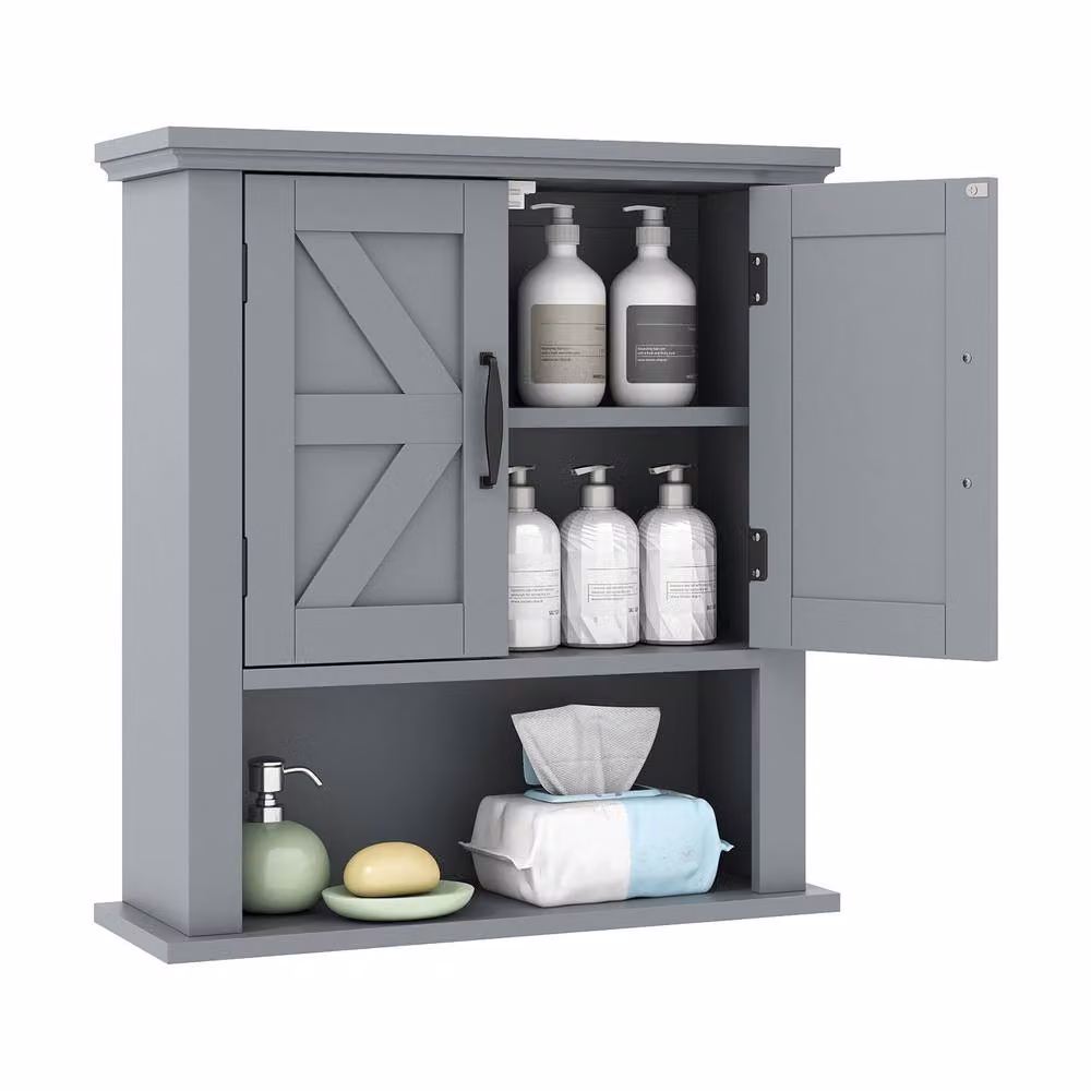 Costway Grey Wall Mounted Medicine Cabinet with Hinged Doors and Internal Shelves – 6
