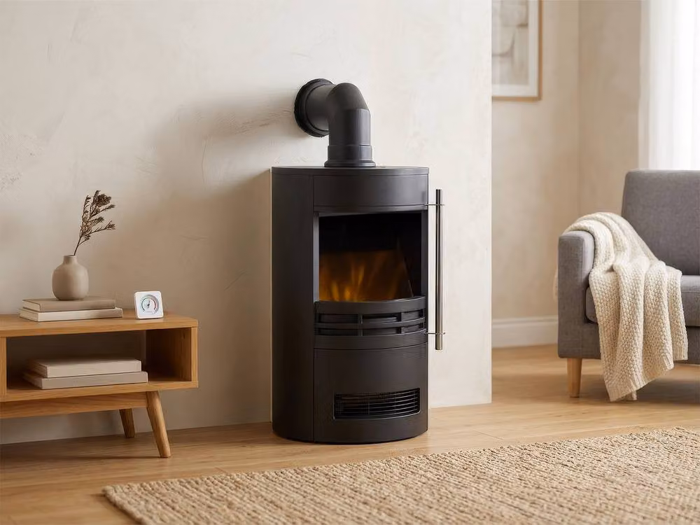 Adam Fires & Fireplaces Sureflame Dunston Round Metal Stove with Angled Stove Pipe in Black, W: 90.5 cm, D: 41.0 cm – 2