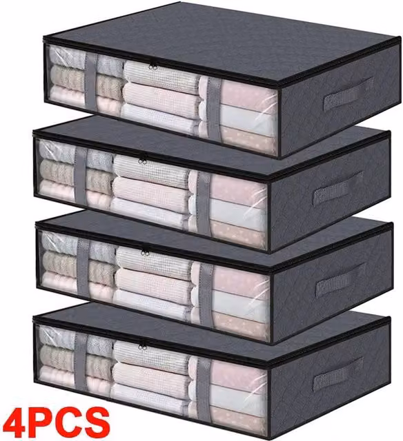 FLAVORA 4 Pack Foldable Under Bed Storage Boxes with Lid in Grey – 1