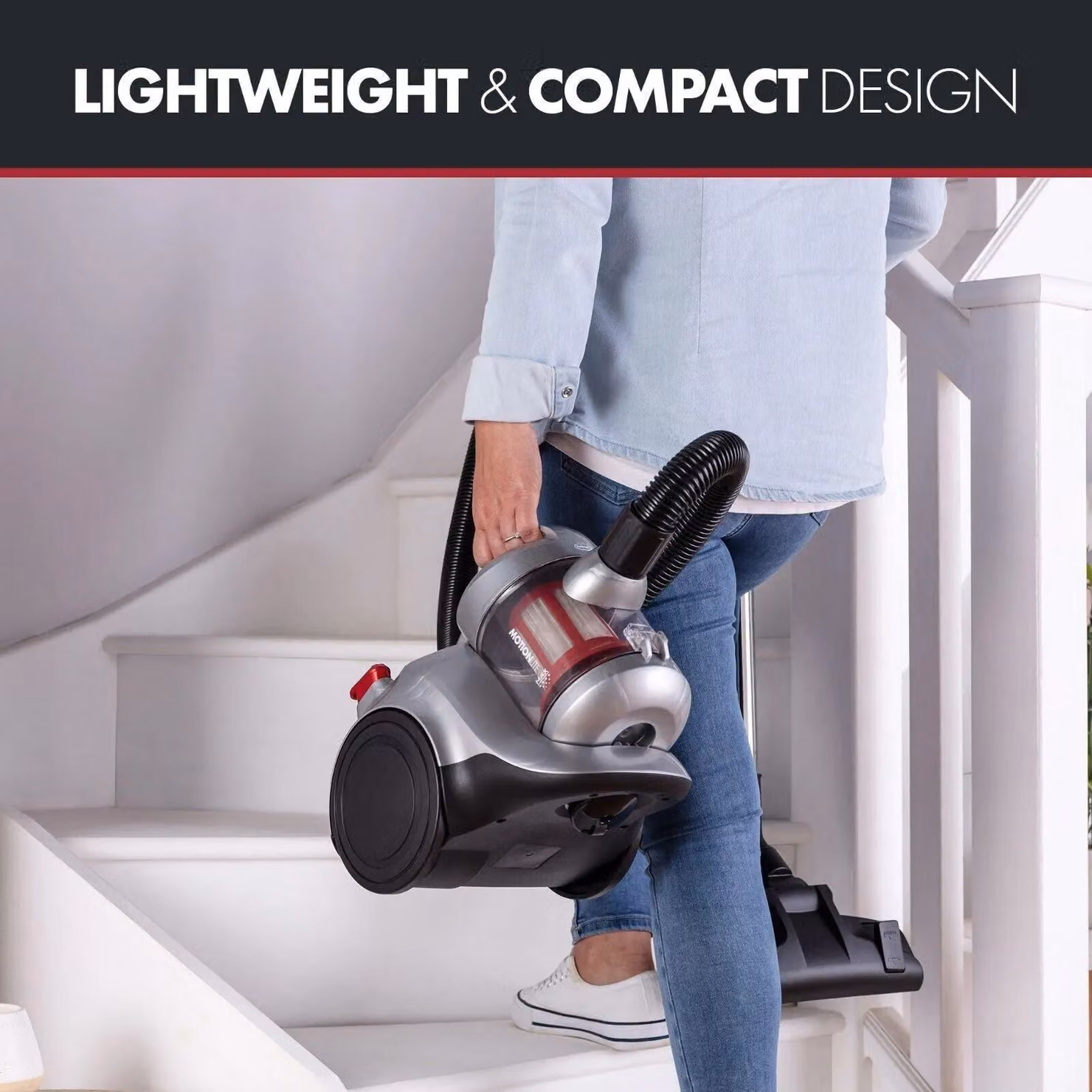 Ewbank MotionLite Bagless Cylinder Vacuum Cleaner in Silver and Red with 1.5L Capacity and HEPA Washable Filter – 3