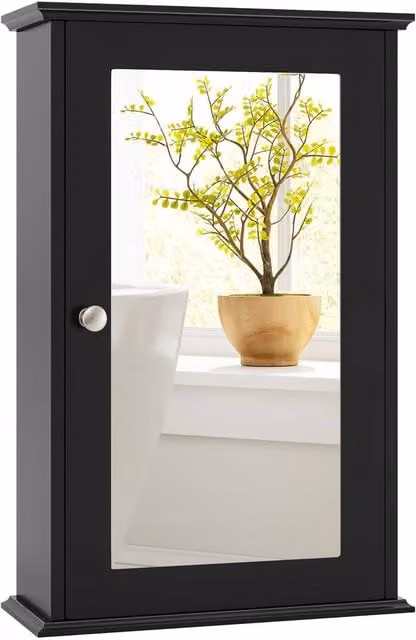 Gymax Black Lacquered Wall Mounted Medicine Cabinet with Mirror and Internal Shelves