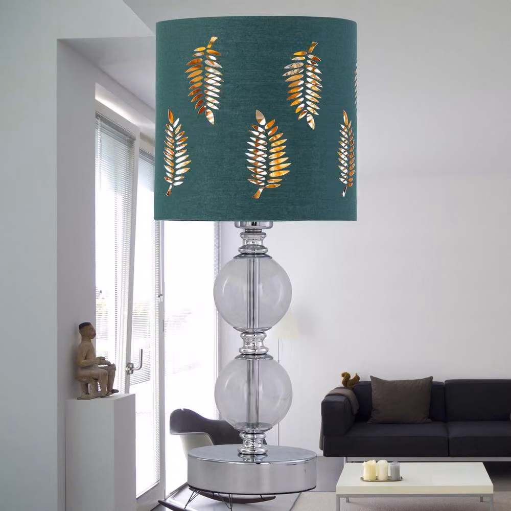First Choice Lighting Chrome Two Ball Table Lamp with Green Fabric Fern Shade – 3