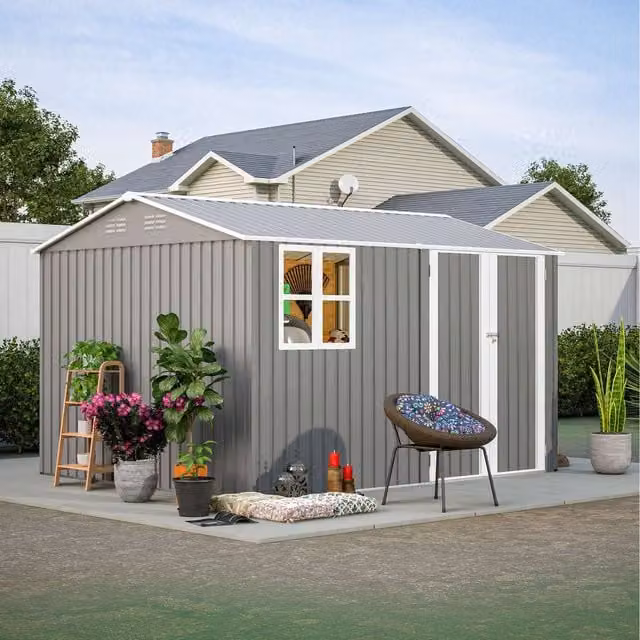 BIRCHTREE Grey Metal Garden Shed with Window and Gable Roof