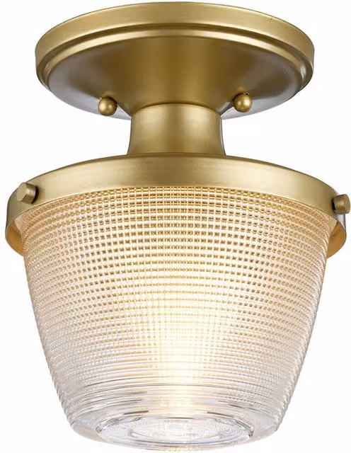 Loops IP44 Flush Ceiling Light in Natural Brass with Transparent Glass and E27 LED Bulb Compatibility