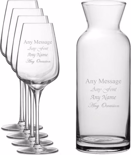 Uniqueful Personalised Set of 4 Wine Glasses and Village Carafe in Transparent Glass
