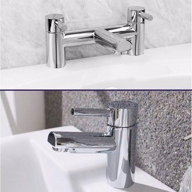 Nes Home Bridge Chrome Round Deck Mounted Bath Filler and Basin Single Lever Mixer in Silver – 1