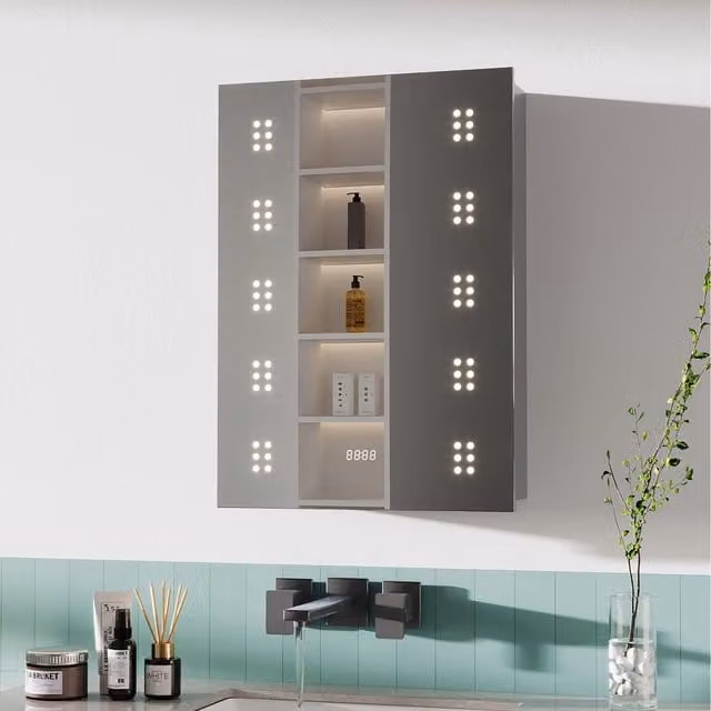 Komore White Glossy LED Wall Mounted Bathroom Mirror Cabinet with Anti-Fog Demister Pad and Integrated Lighting