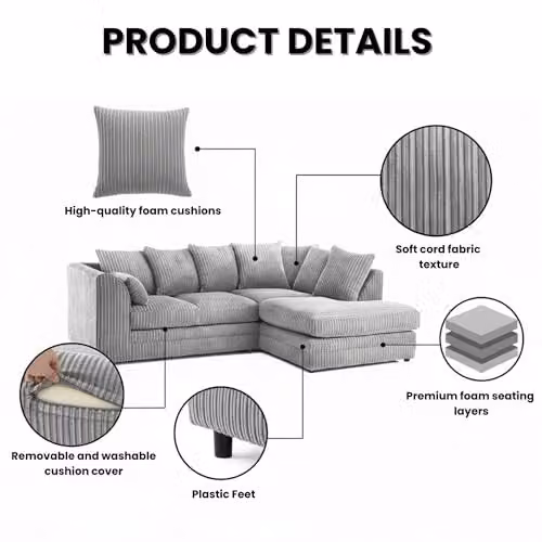 Bliss Furniture Silver Grey Jumbo Cord 4 Seater Right Hand Facing Corner Sofa – 2