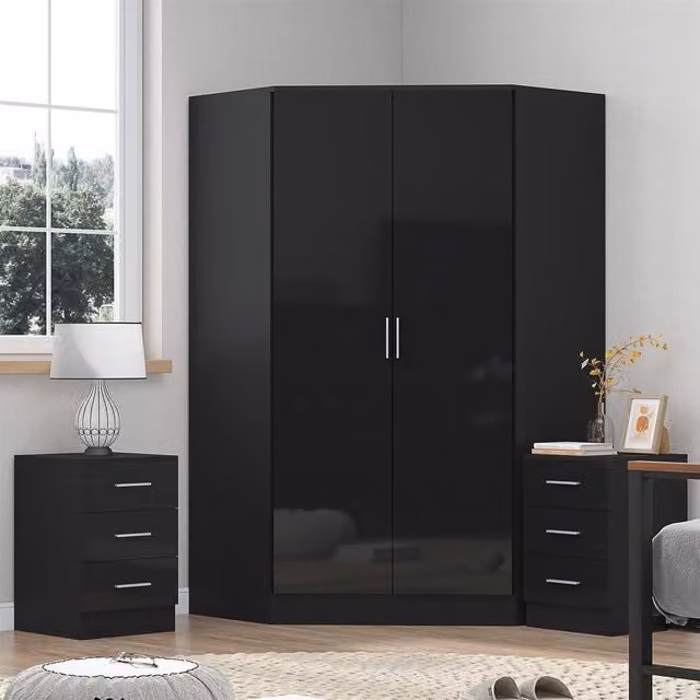 Reflect Modern Black Gloss Bedroom Set with 2 Door Corner Unit and 2x 3 Drawer Bedside Tables – 1