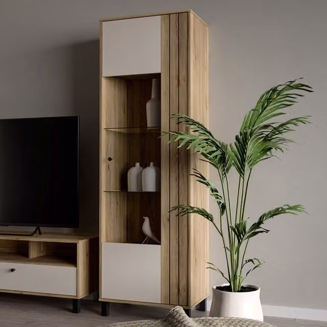 Furniture To Go Scandinavian Style Display Cabinet with Glass Doors and Internal Shelves in Beige, Brown and White