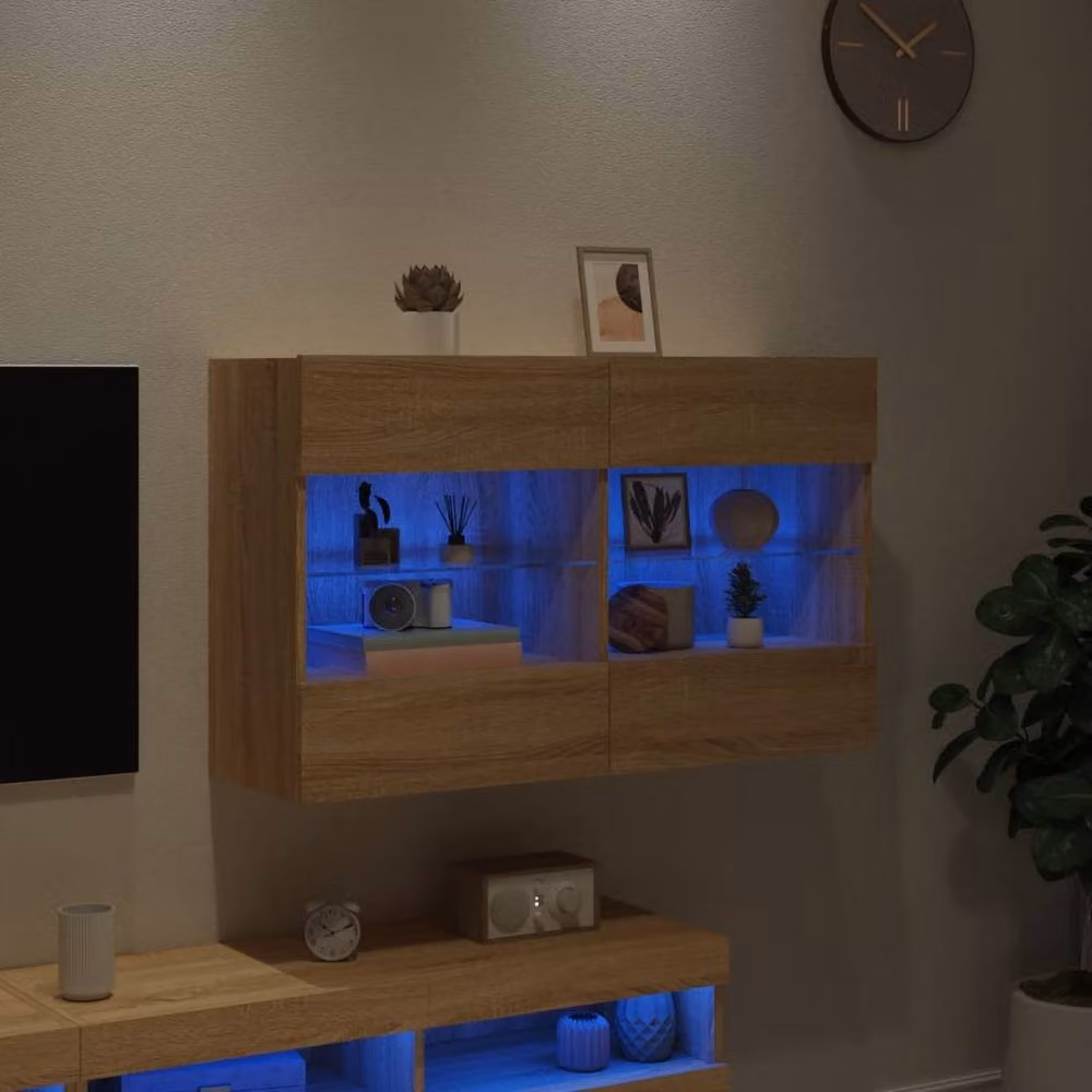 Berkfield Home Modern Wall Mounted TV Cabinet with Integrated LED Lights and Glass Doors in Sonoma Oak Brown, W/D/H: 98.5 x 30 x 60.5 cm – 2