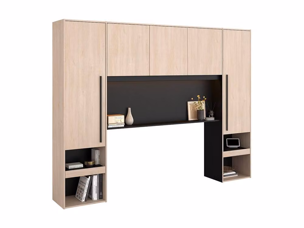 VELONA Modern Overbed Storage Unit with Integrated Lighting and Hanging Rod in Light Oak and Black – 2