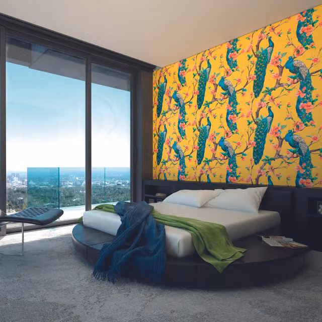 Origin Murals Flowery Peacocks Floral Wall Mural in Yellow