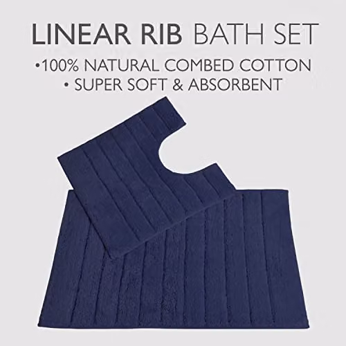 Allure Bath Fashions Ribbed Two Piece Bath and Pedestal Toilet Mat Set in Blue Cotton – 4