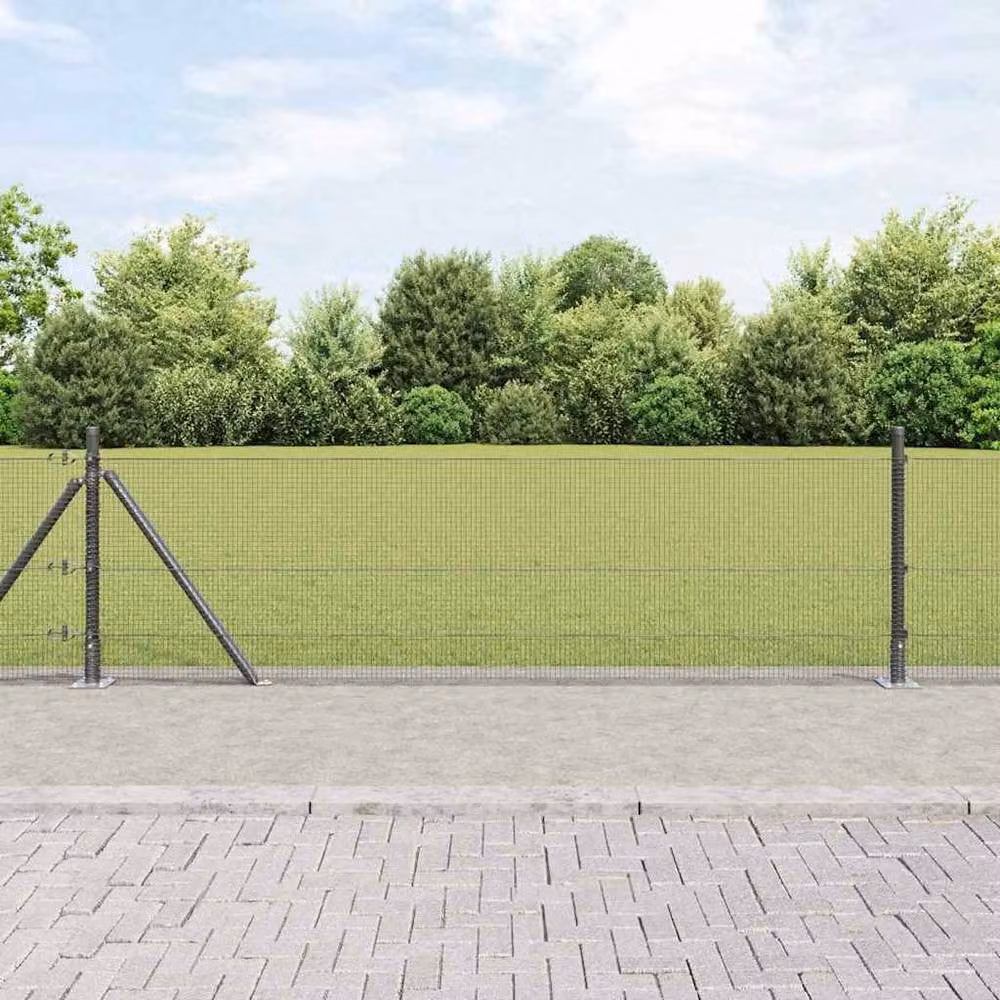 Berkfield Home Grey Powder-Coated Steel Welded Wire Fence with 7 Flanged Round Posts, W: 10 m, H: 0.6 m – 2