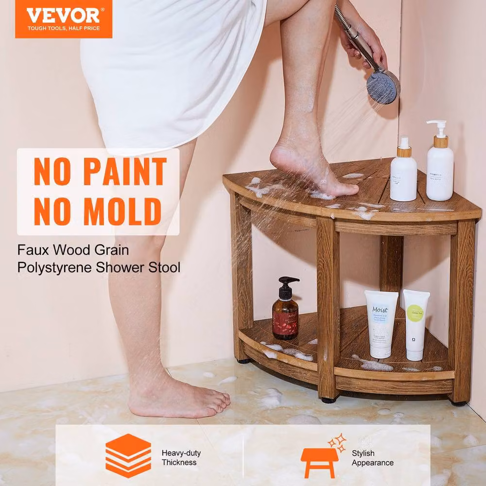 VEVOR Durable Non-Slip Shower Bench in Brown Faux Wood Grain Polystyrene – 3