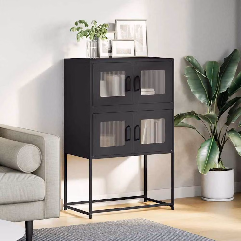 Berkfield Home Matt Black Steel Highboard with Glass Doors W/D/H: 68 x 39 x 107 cm – 3