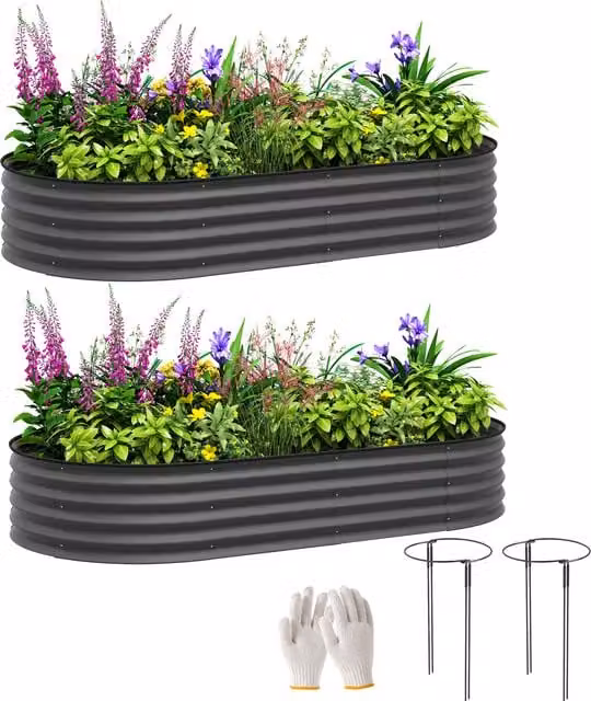 Outsunny Set of Two Galvanised Steel Raised Bed Planters, Grey, W/D/H: 181 x 30 x 93 cm